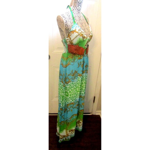 2B Bebe Monique Maxi Dress Belted Halter Top Lined Blue Green NWT Size XS - Picture 6 of 9